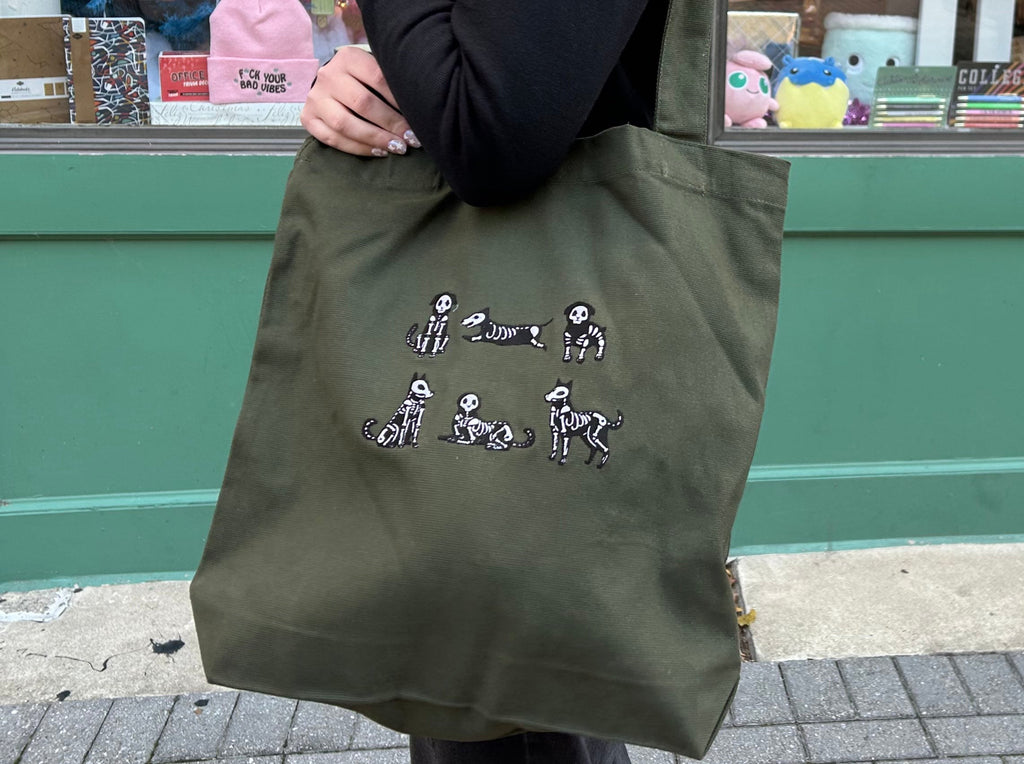 Embroidered Skelly Dog Tote Bag