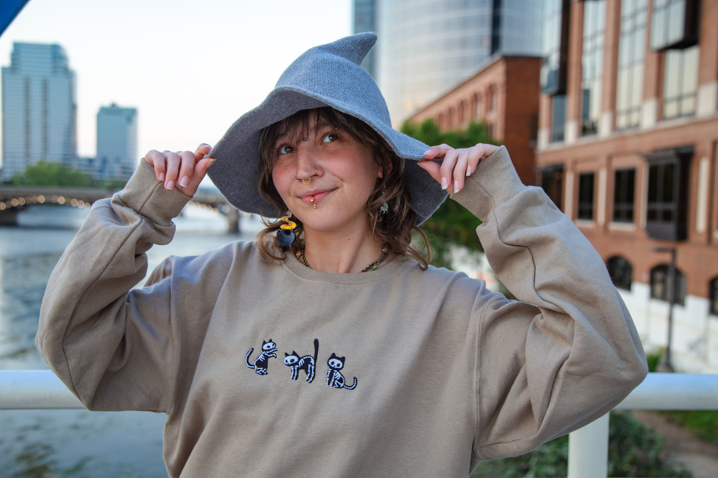 Embroidered Skelly Cat Khaki Sweatshirt