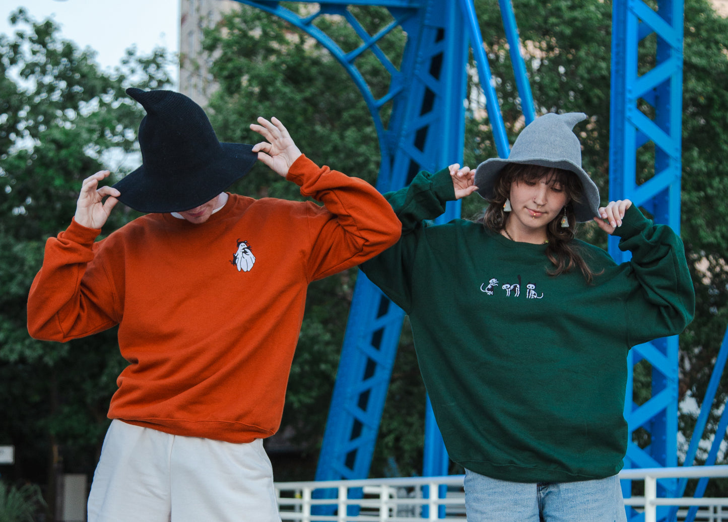 Embroidered Skelly Cat Forest Green Sweatshirt