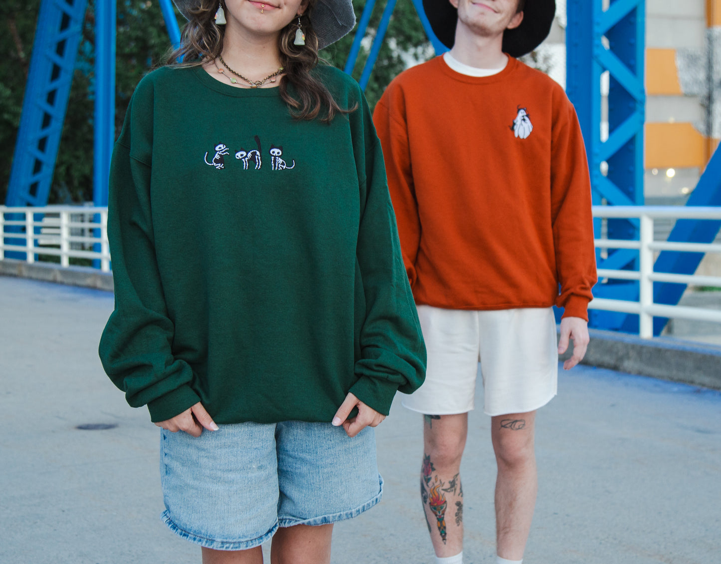 Embroidered Skelly Cat Forest Green Sweatshirt