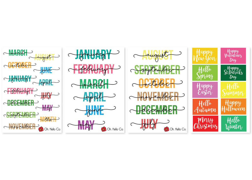 Months of the Year Stickers - Oh, Hello Stationery Co. bullet journal Erin Condren stickers scrapbook planner case customized gifts mugs Travlers Notebook unique fun 