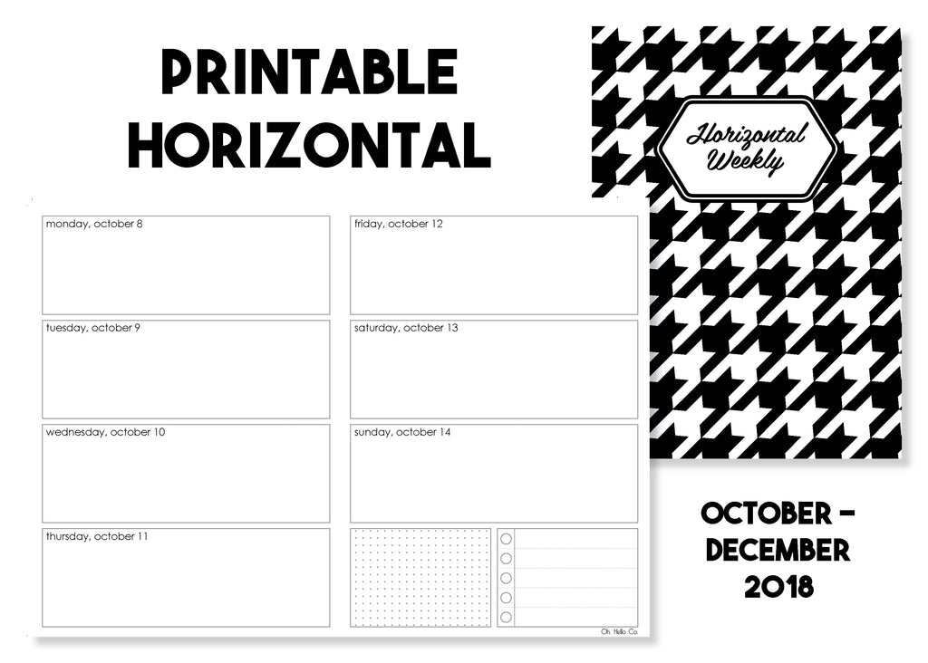 Printable Horizontal Weekly Traveler's Notebook Insert - October-December 2018 - Oh, Hello Stationery Co. bullet journal Erin Condren stickers scrapbook planner case customized gifts mugs Travlers Notebook unique fun 