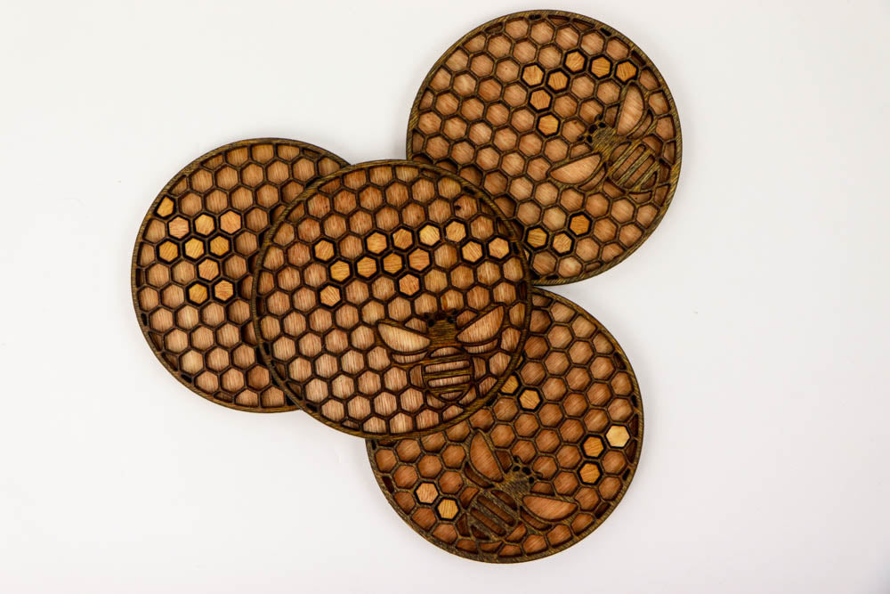 Bee & Honeycomb Wooden Coaster Set