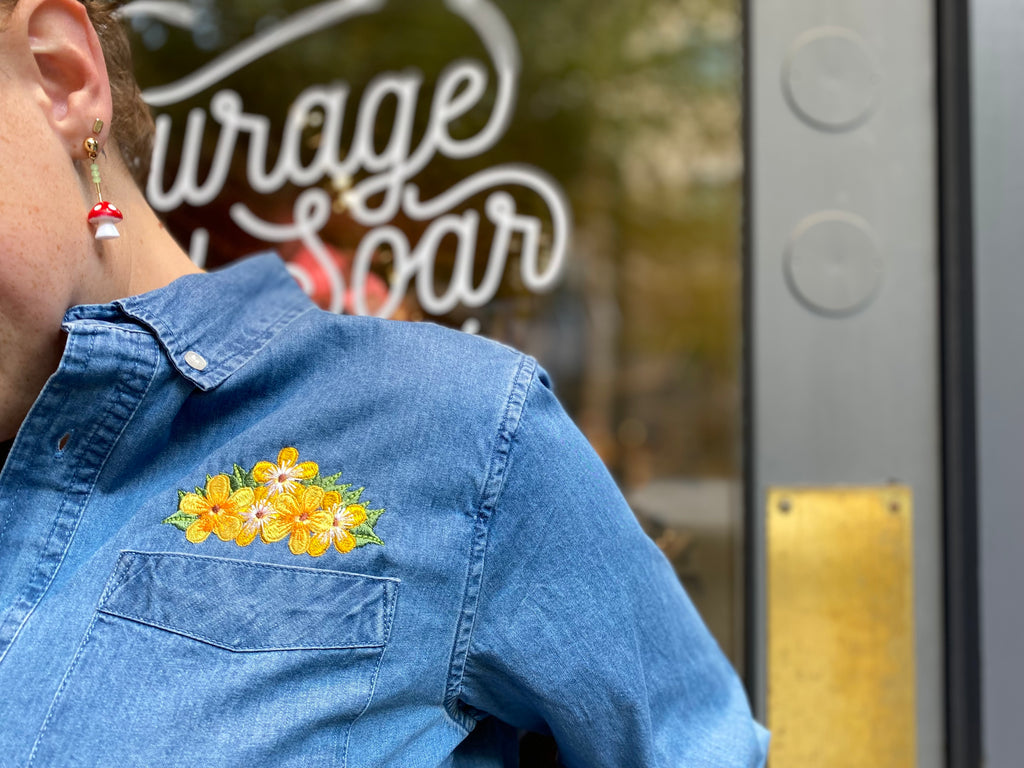 Embroidered Floral on Denim Button-Up Shirt