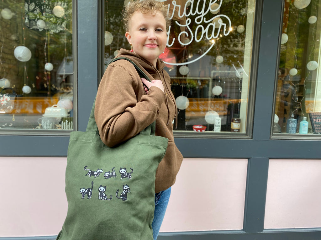 Embroidered Skelly Cat Tote Bag