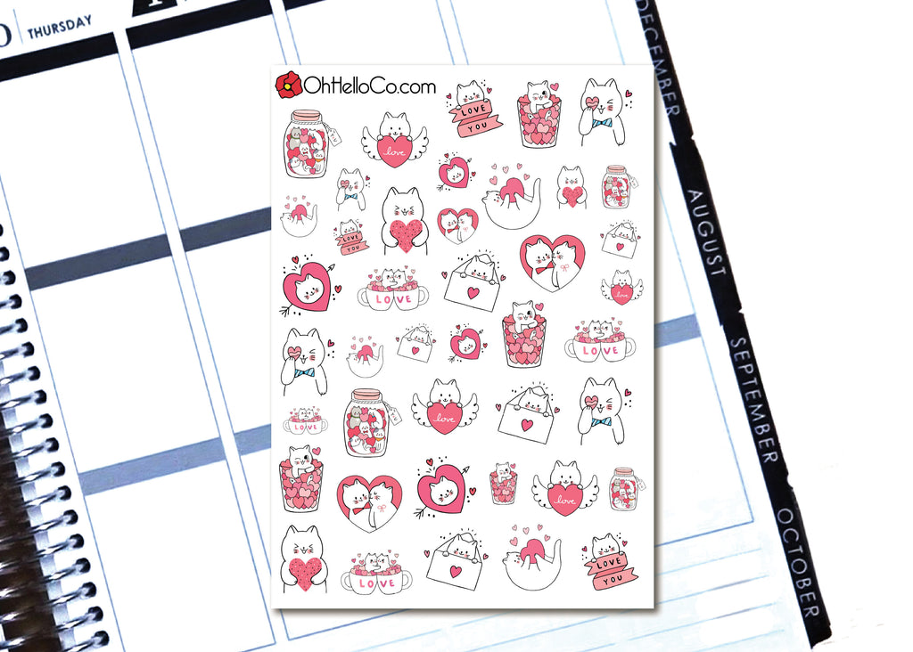 Valentine's Day Cats - Printable Stickers for the Silhouette - Oh, Hello Stationery Co. bullet journal Erin Condren stickers scrapbook planner case customized gifts mugs Travlers Notebook unique fun 