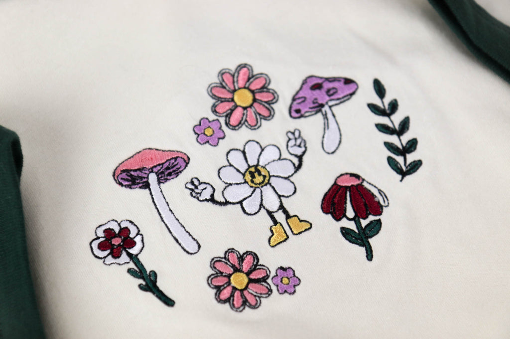 Embroidered Flower Power Ringer Tee