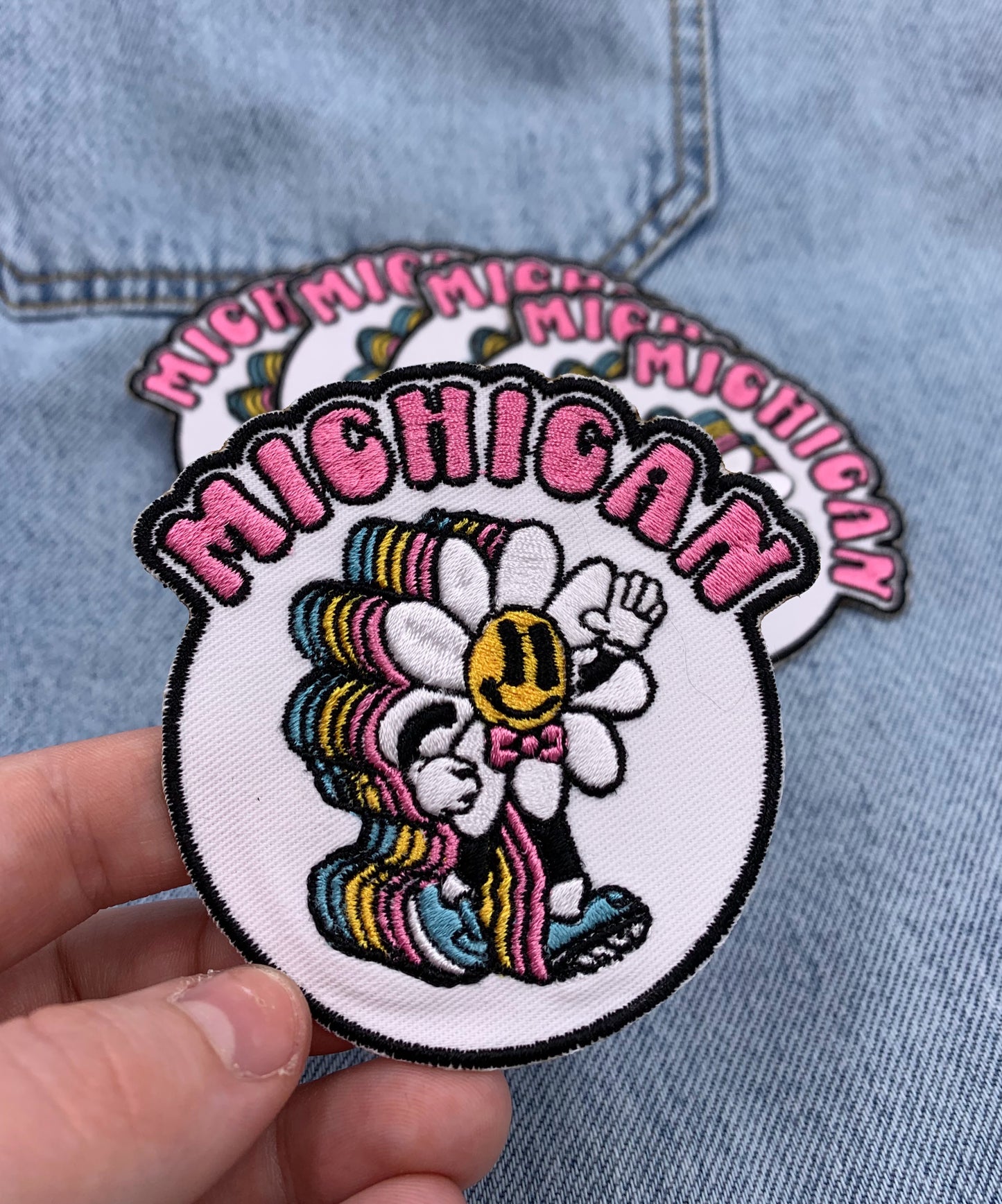 Waving Retro Michigander Heat Transfer Embroidered Patch