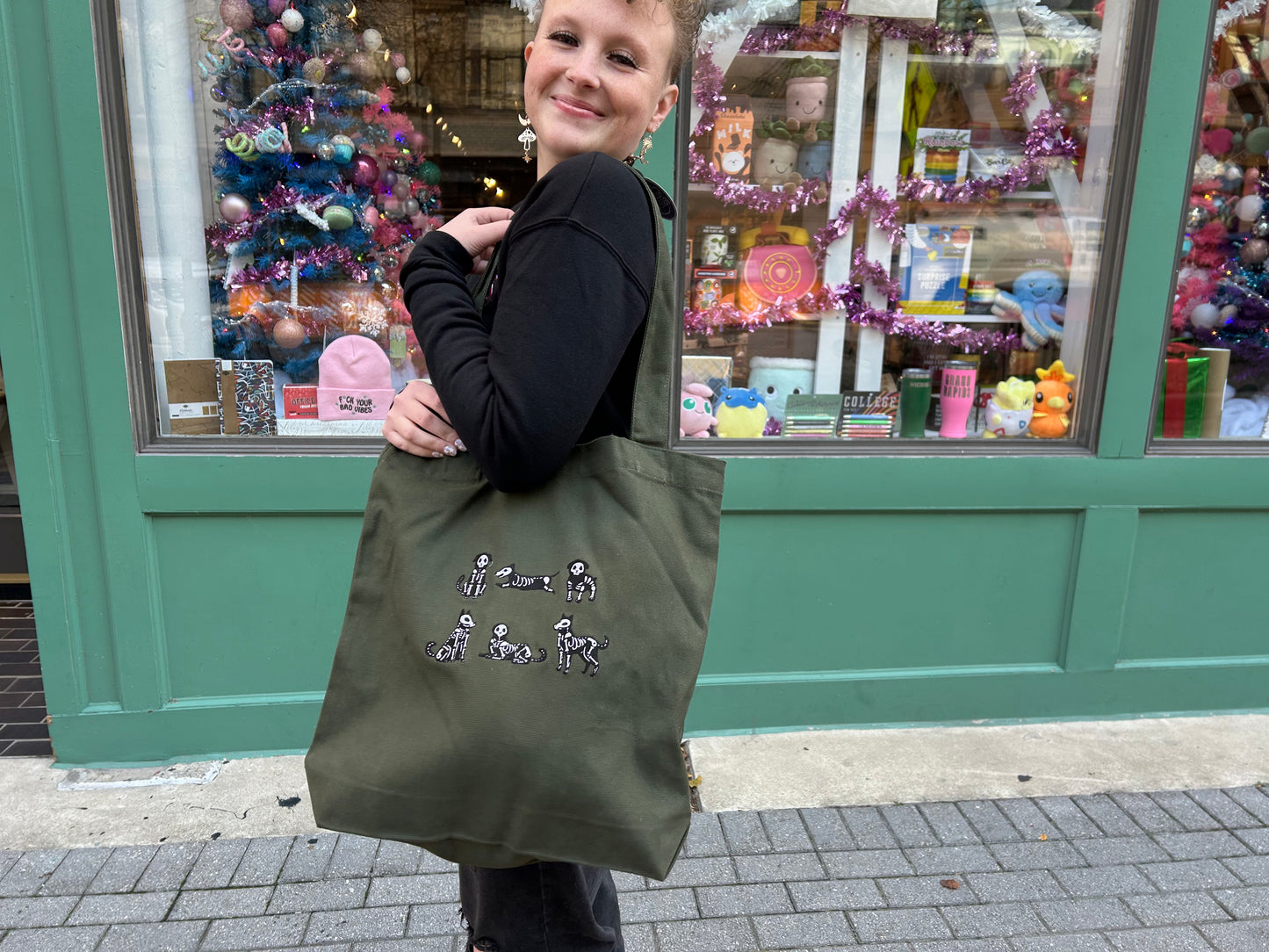 Embroidered Skelly Dog Tote Bag