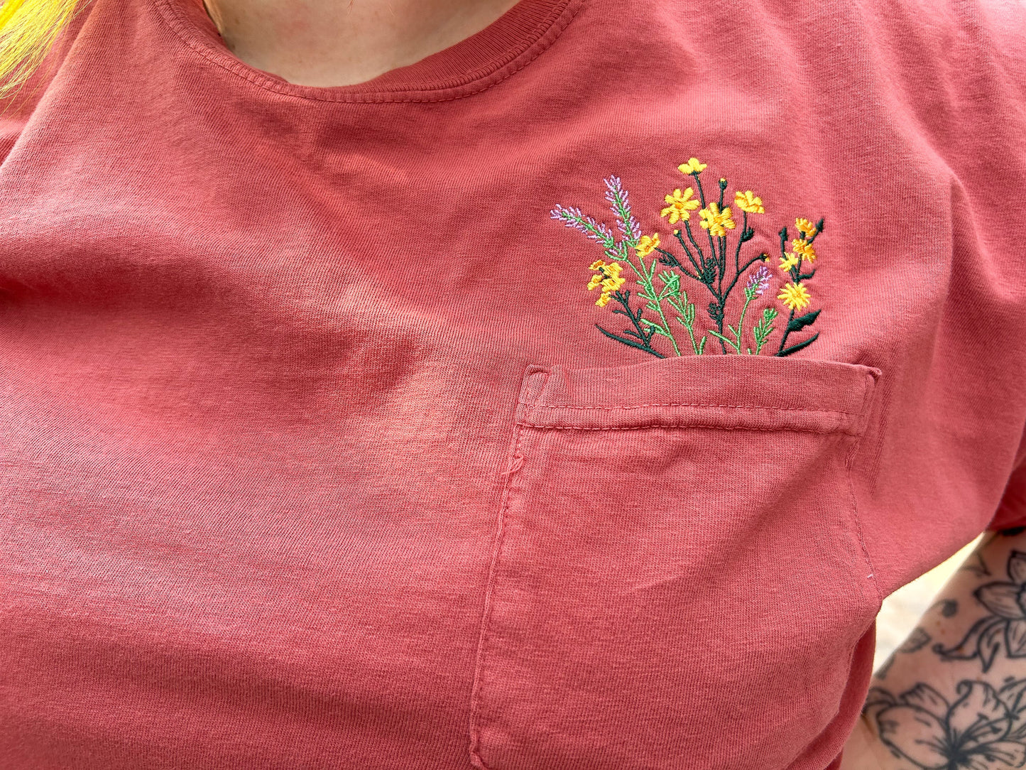 Embroidered Flower Bouquet Pocket Tee