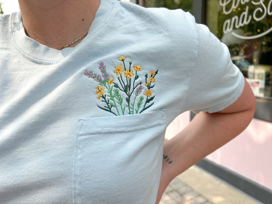 Embroidered Flower Bouquet Pocket Tee