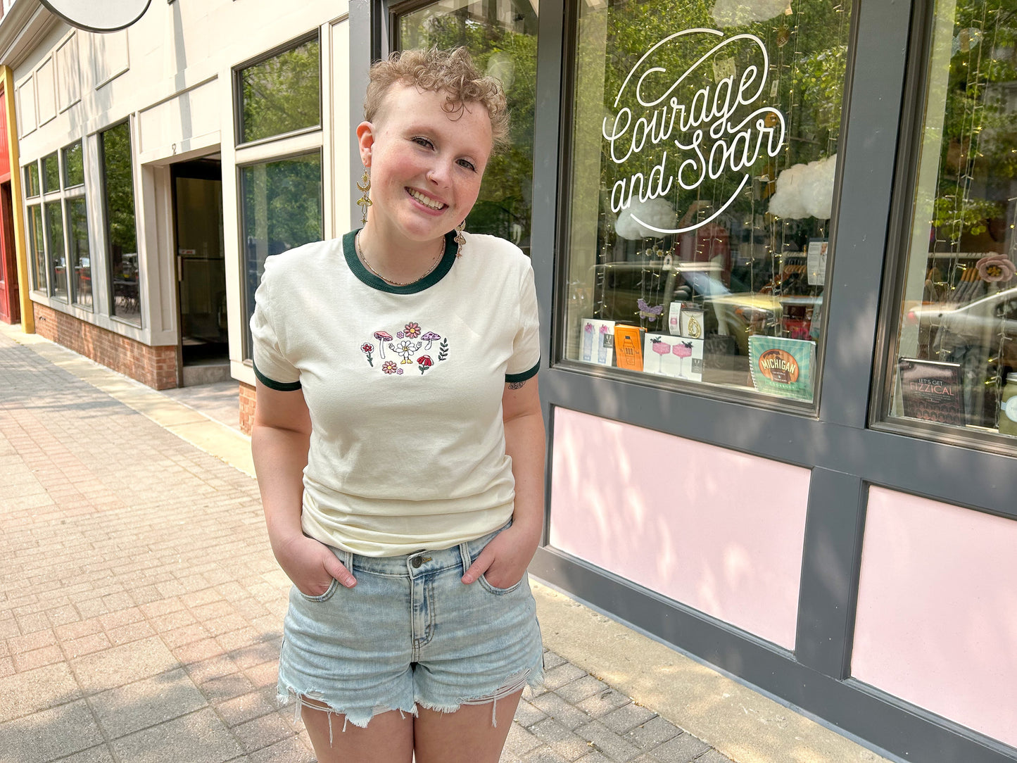 Embroidered Flower Power Ringer Tee