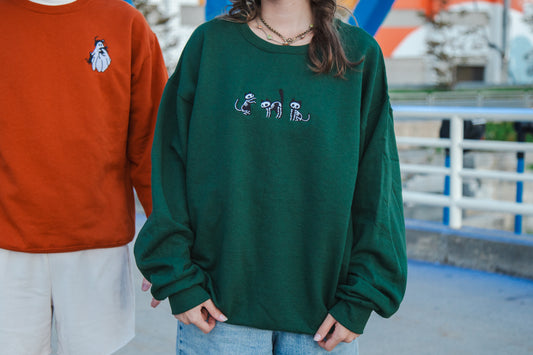 Embroidered Skelly Cat Forest Green Sweatshirt