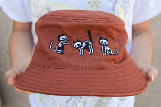 Skelly Cat Embroidered Bucket Hat