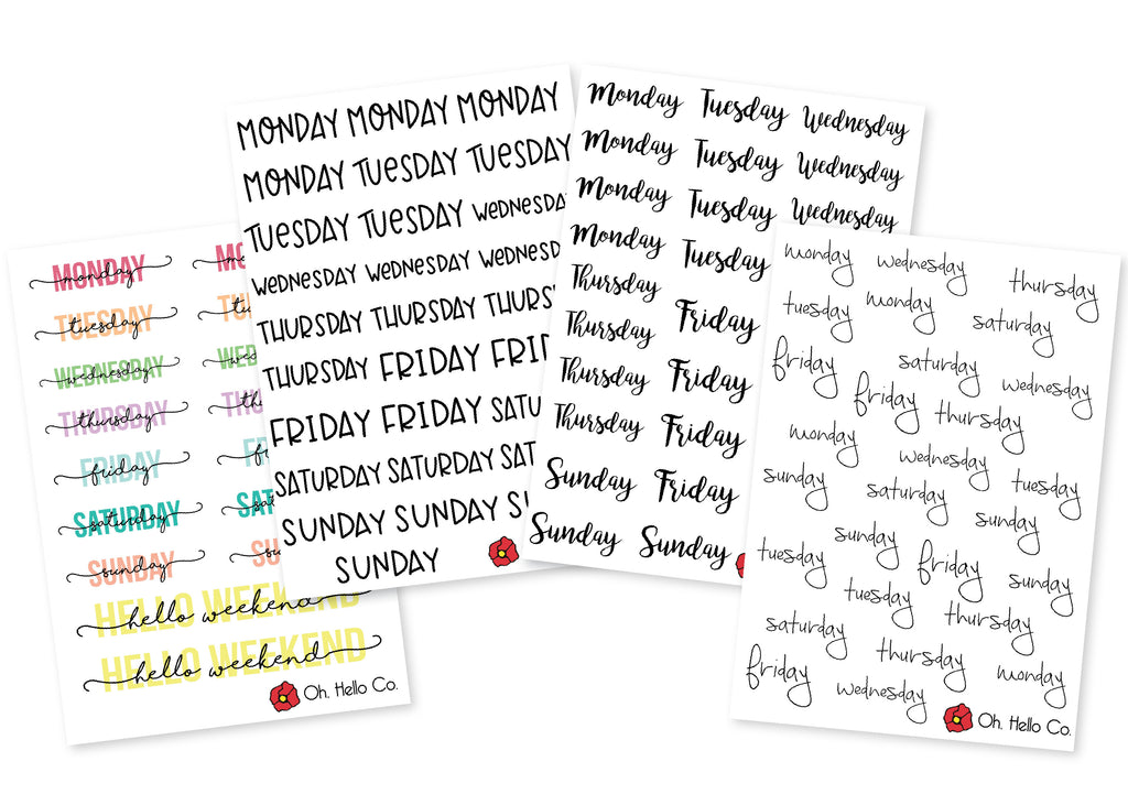 Days of the Week Stickers - Oh, Hello Stationery Co. bullet journal Erin Condren stickers scrapbook planner case customized gifts mugs Travlers Notebook unique fun 