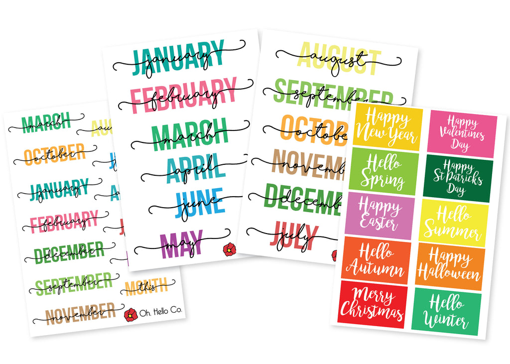 Months of the Year Stickers - Oh, Hello Stationery Co. bullet journal Erin Condren stickers scrapbook planner case customized gifts mugs Travlers Notebook unique fun 