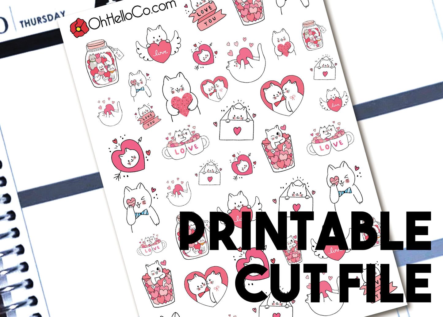 Valentine's Day Cats - Printable Stickers for the Silhouette - Oh, Hello Stationery Co. bullet journal Erin Condren stickers scrapbook planner case customized gifts mugs Travlers Notebook unique fun 