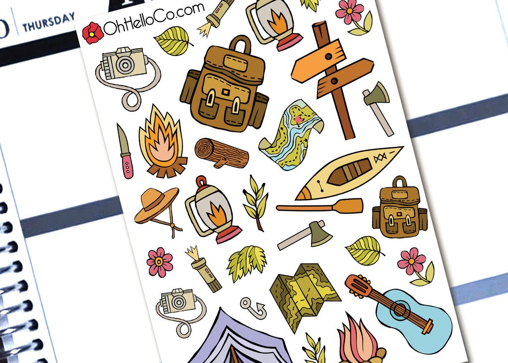 Camping and Travel Doodles - Printable Stickers for the Silhouette - Oh, Hello Stationery Co. bullet journal Erin Condren stickers scrapbook planner case customized gifts mugs Travlers Notebook unique fun 