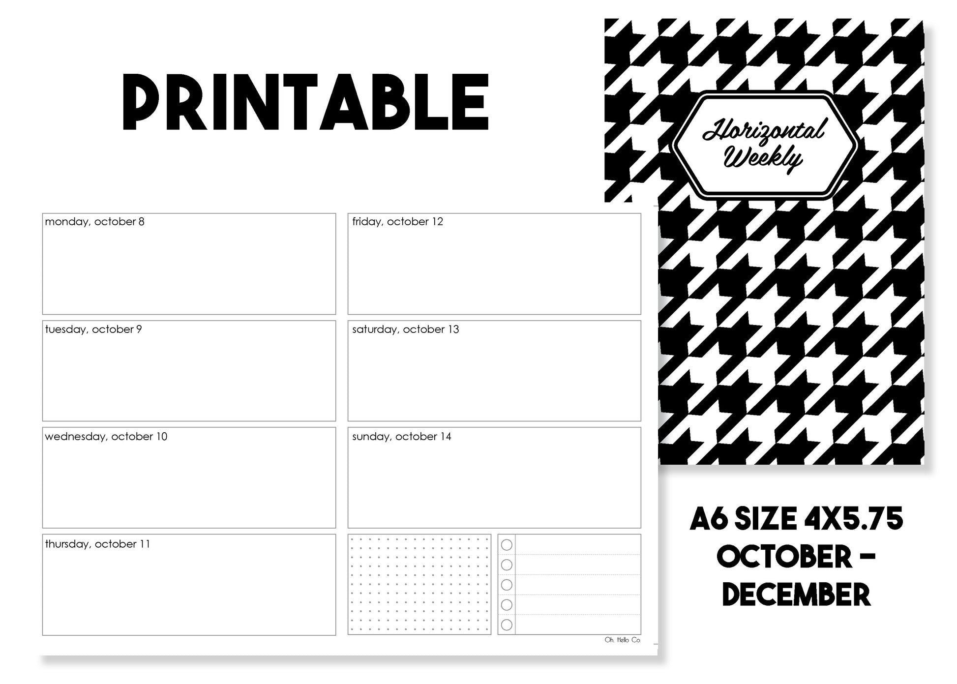 Printable Horizontal Weekly Traveler's Notebook Insert - October-December 2018 - Oh, Hello Stationery Co. bullet journal Erin Condren stickers scrapbook planner case customized gifts mugs Travlers Notebook unique fun 