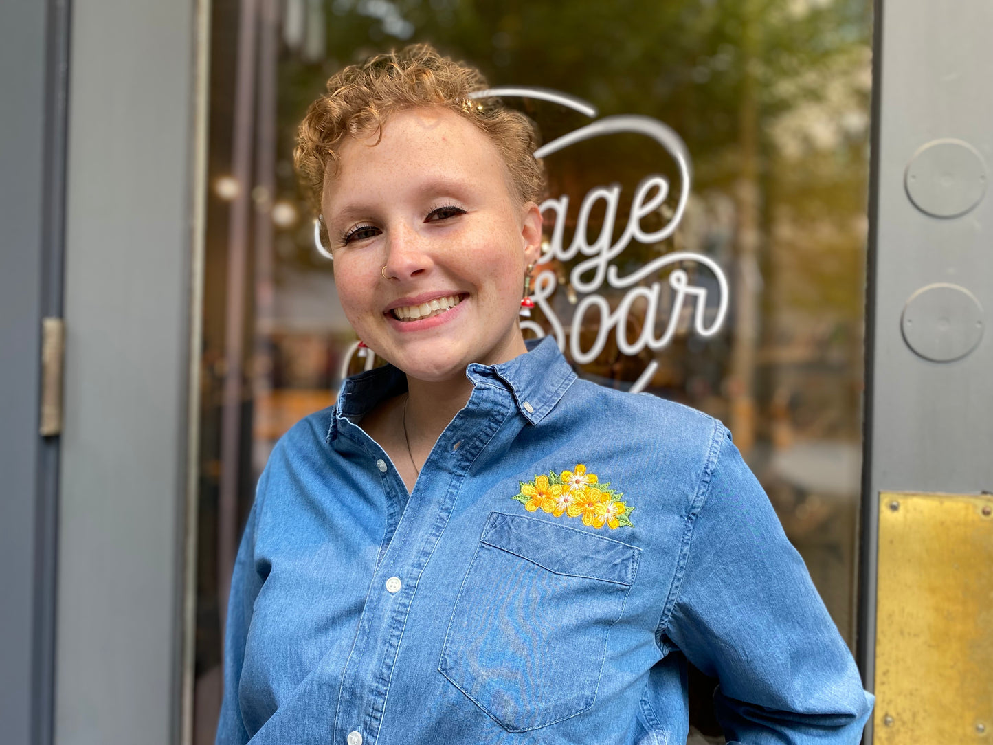 Embroidered Floral on Denim Button-Up Shirt