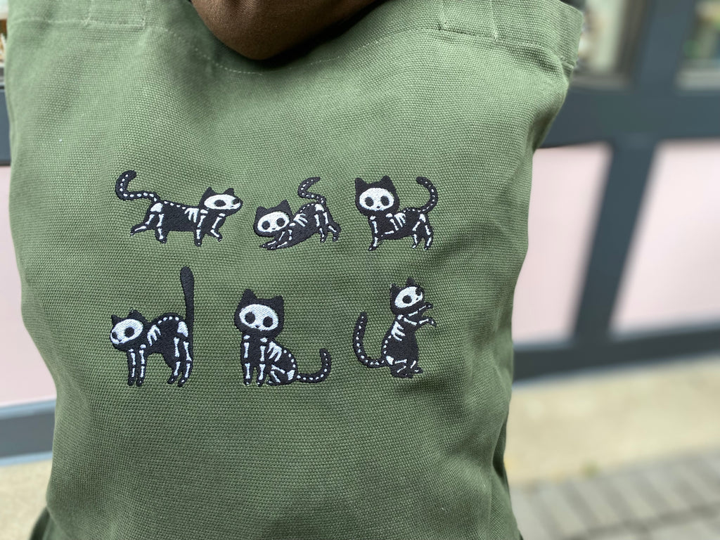 Embroidered Skelly Cat Tote Bag