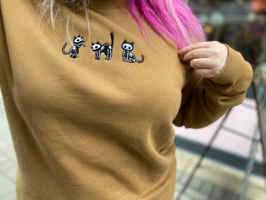 Embroidered Skelly Cat Crew Sweatshirt