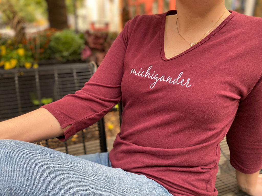 Embroidered Woman's Michigander 3/4 Sleeve - Maroon
