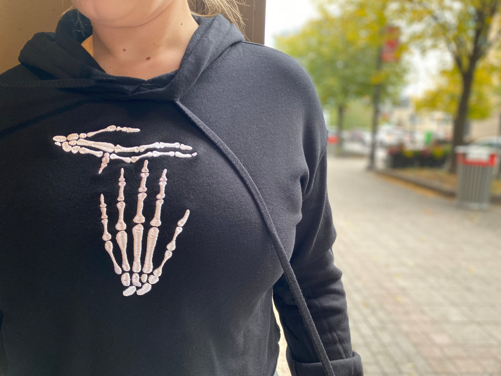 Embroidered Skeleton Hands Cropped Hoodie