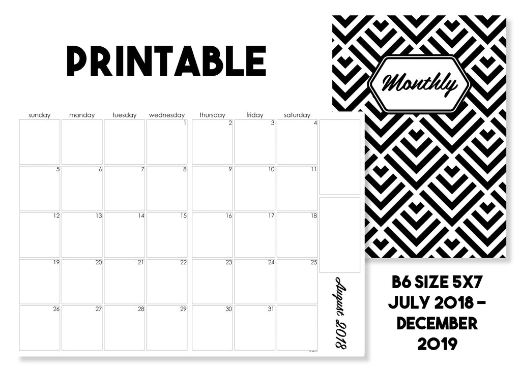 Printable Monthly Calendar Traveler's Notebook Insert - July 2018-December 2019 - Oh, Hello Stationery Co. bullet journal Erin Condren stickers scrapbook planner case customized gifts mugs Travlers Notebook unique fun 