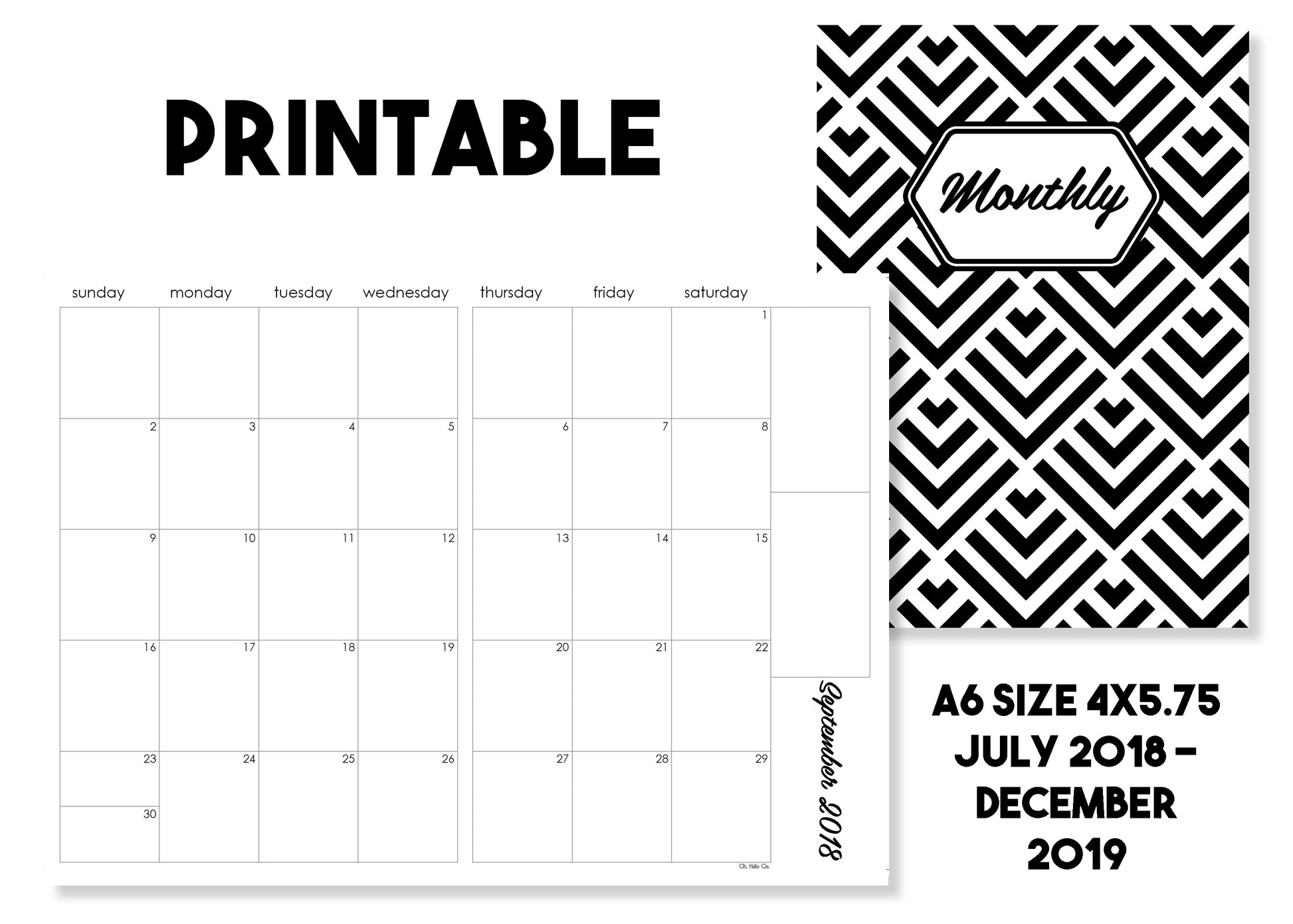 Printable Monthly Calendar Traveler's Notebook Insert - July 2018-December 2019 - Oh, Hello Stationery Co. bullet journal Erin Condren stickers scrapbook planner case customized gifts mugs Travlers Notebook unique fun 