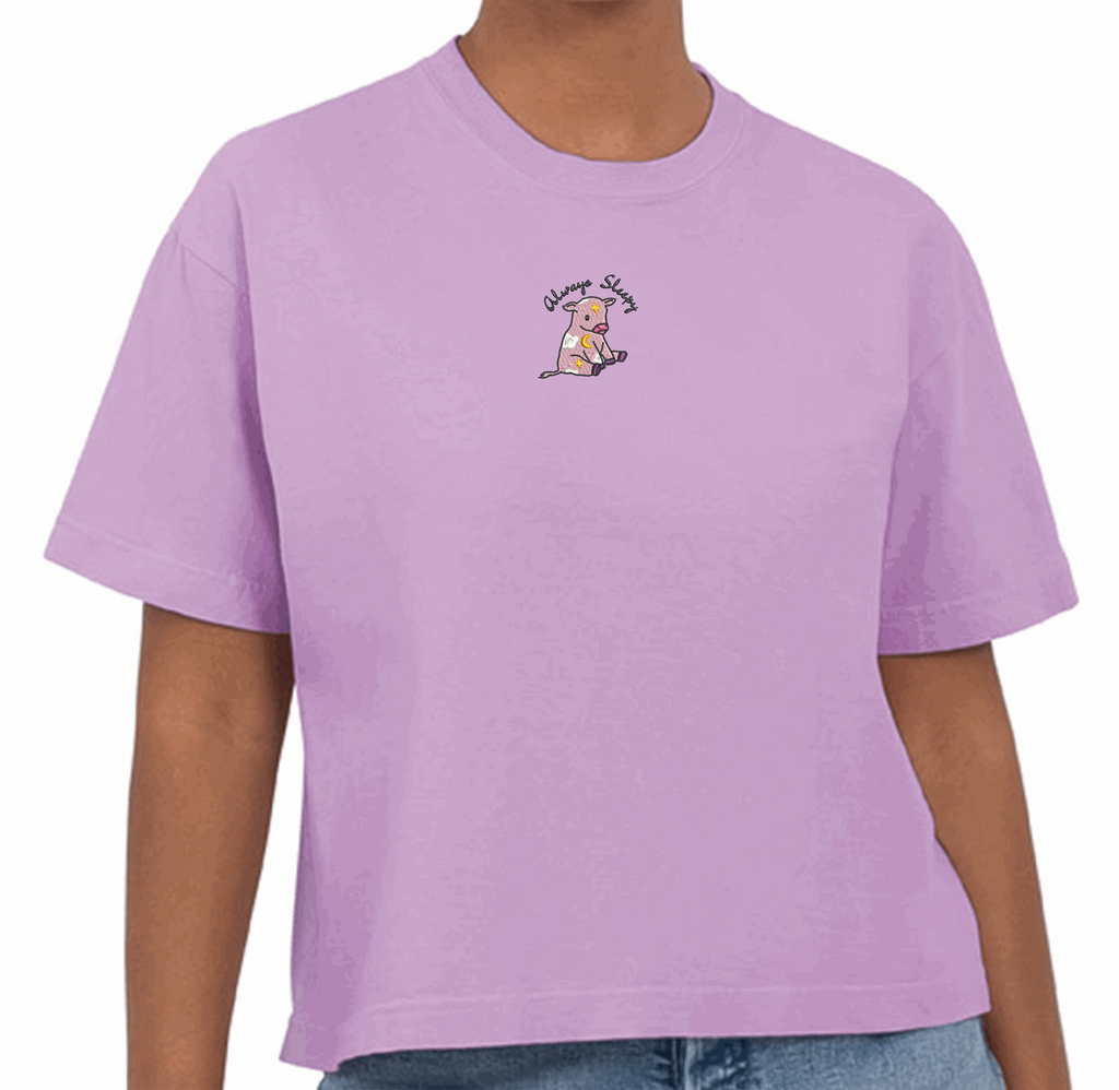 Embroidered Sleepy Cow Boxy Tee - Orchid/Butter