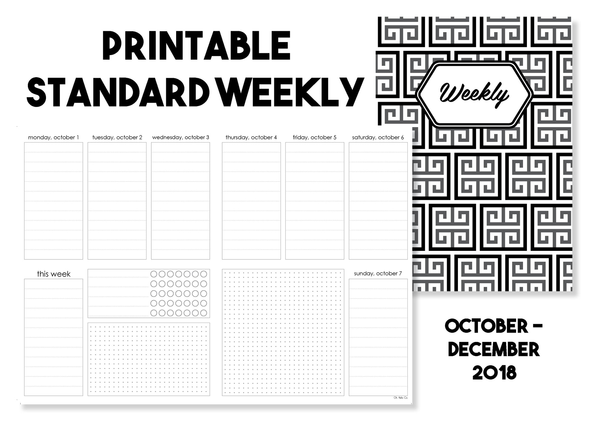 Printable Standard Weekly Traveler's Notebook Insert - October-December 2018 - Oh, Hello Stationery Co. bullet journal Erin Condren stickers scrapbook planner case customized gifts mugs Travlers Notebook unique fun 