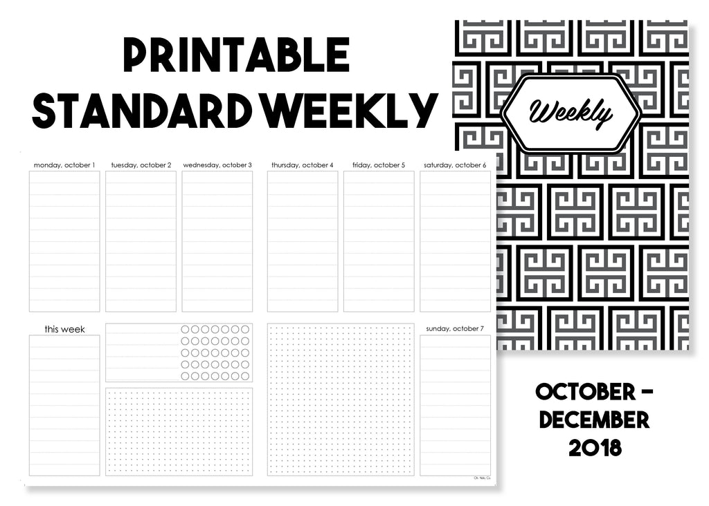 Printable Standard Weekly Traveler's Notebook Insert - October-December 2018 - Oh, Hello Stationery Co. bullet journal Erin Condren stickers scrapbook planner case customized gifts mugs Travlers Notebook unique fun 