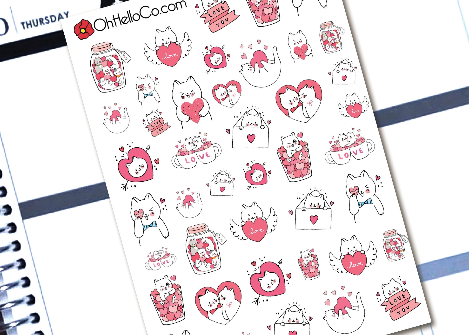 Valentine's Day Cats - Printable Stickers for the Silhouette - Oh, Hello Stationery Co. bullet journal Erin Condren stickers scrapbook planner case customized gifts mugs Travlers Notebook unique fun 